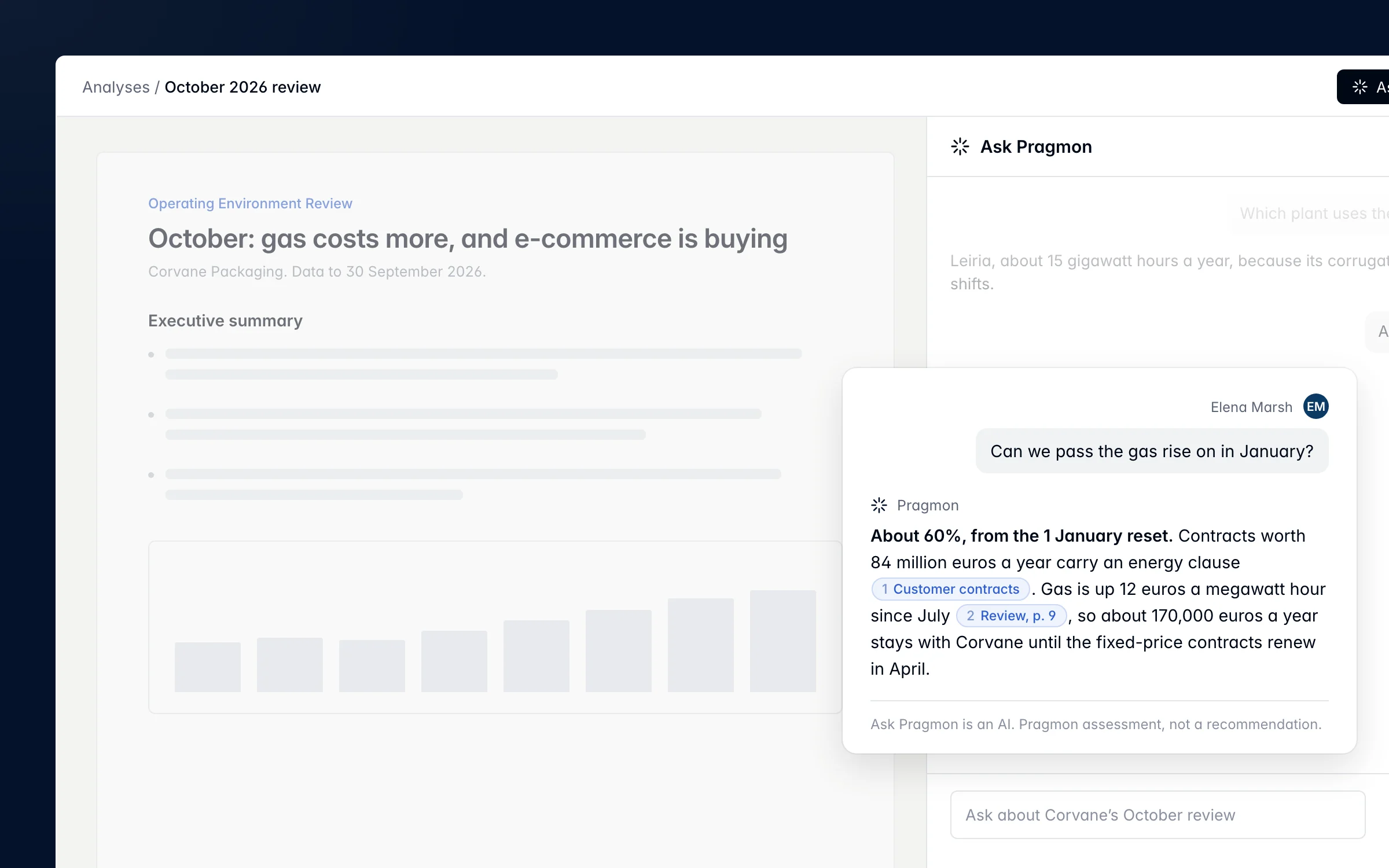 Ask Pragmon AI answers whether Corvane can pass the gas rise on in January, citing customer contracts and the review.