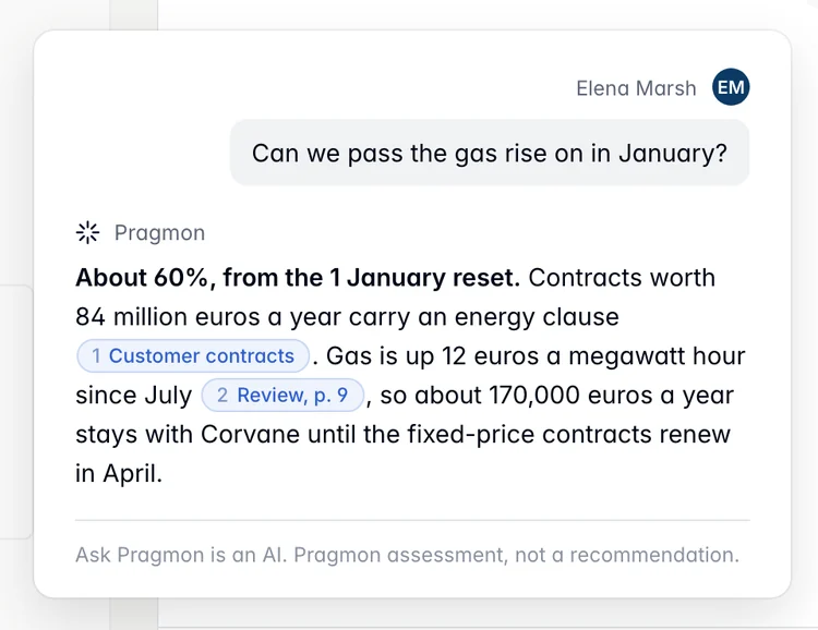 Ask Pragmon AI answers whether Corvane can pass the gas rise on in January, citing customer contracts and the review.
